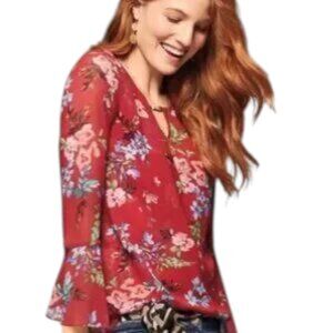 CAbi 3590 Devoted Red Floral Boho Blouse Size Small